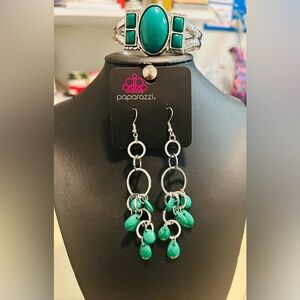 Paparazzi Silver and Green Earrings and Bracelet Set